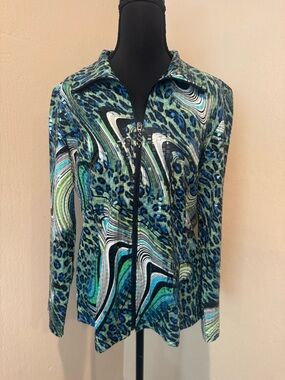 Draper and Damons Leopard Zipper Jacket/Top in Shades of Sparkly Blue and Green.